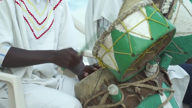 Traditionally dressed caribbean musicians, band. Native musicians - March 2018: Labadee, Haiti