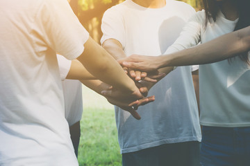 Team teamwork business join hand together concept, Power of volunteer charity work, Stack of people...