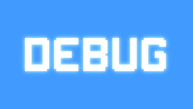 A big text message on a digital light blue screen with a heavy distortion glitch fx: Debug.
