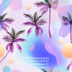 Photo sur Plexiglas Impressions graphiques Flou abstrait dégradé doux, formes fluides et géométriques colorées, dessin de palmier à l& 39 aquarelle.