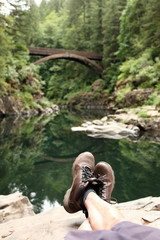 Viewpoint of wood bridge at Moulton Falls State Park.
