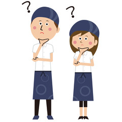 ポップな居酒屋店員の男女がハテナ