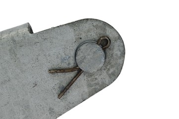 Cotter pin used as connection between two industrial components used in electrical installation, white background