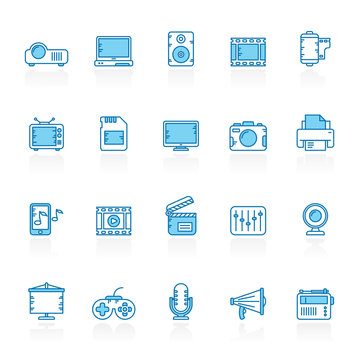 Line with blue background modern multimedia icons  - vector icon set