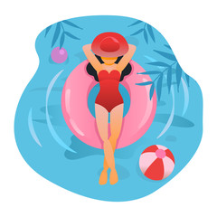 Woman sunbathing at beach or pool, girl relaxing at summer season illustration