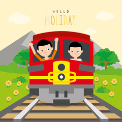 Boys go to travel by train in vacation holiday at countryside nature Vector.