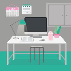 Office Room in Workplace with Simple Furniture and Interior Design Vector