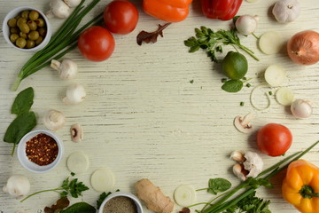 Obraz na płótnie Canvas Healthy food . Creative layout made of tomato, mushrooms and salad leaves. Flat lay. Food concept. Banner. Top view. 