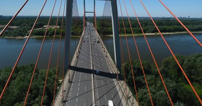 Traffic Running On Siekierkowski Bridge. Aerial View