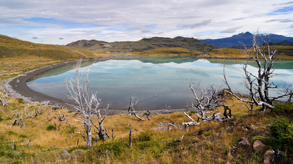 A very brief moment of absolutely no wind at Torres del Paine national park, patagonia, Chile