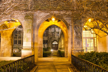 A gothic arch of a church illuminated at night leading into a courtyard.