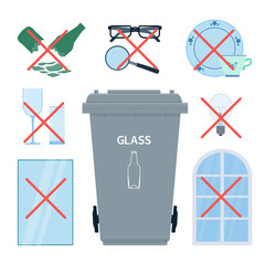 Rubbish bin for collecting glass waste with objects that you must not put in it - 207698249