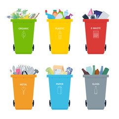 Rubbish bins full of different types of recycling waste. - 207698273