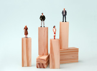 Wooden blocks and miniature people. The concept of the existing promotion gap between men and women.