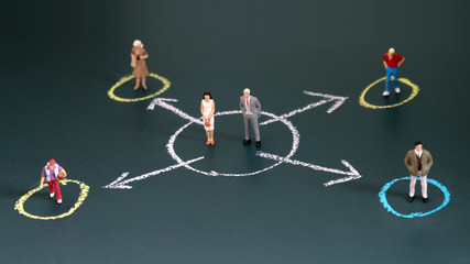 Miniature people each standing in a different circle. The concept of the income gap between...
