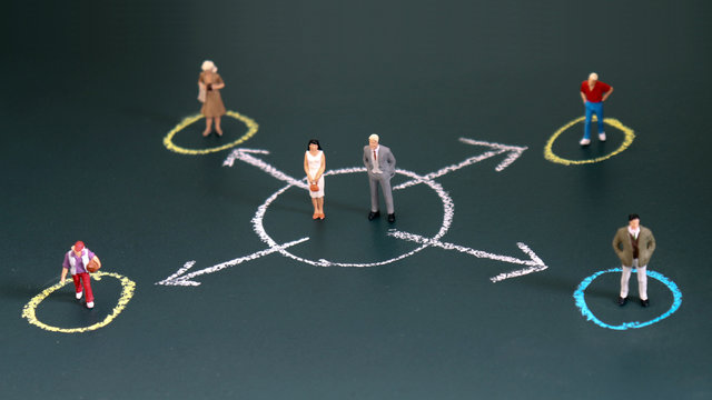 Miniature people each standing in a different circle. The concept of the income gap between individuals.