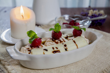 Banana split sundae ice cream in a bowl