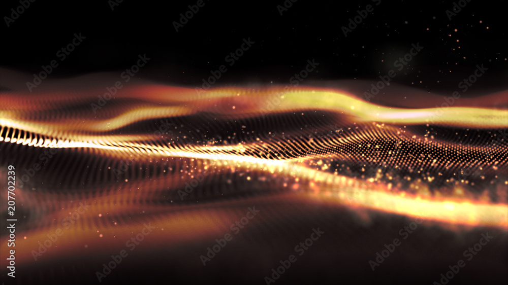 Poster futuristic gold digital abstract luxurious sparkling wave particles flow de-focus background