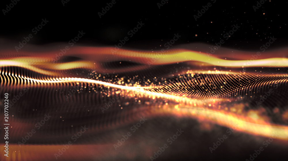Poster futuristic gold digital abstract luxurious sparkling wave particles flow de-focus background