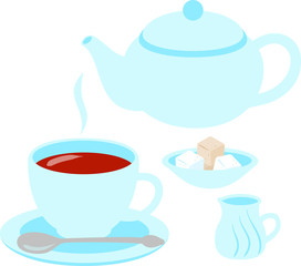紅茶とティーポット、砂糖、ミルク