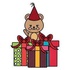 cute bear teddy with gift boxes kawaii character vector illustration design