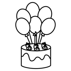 delicious cake with balloons helium celebration vector illustration design