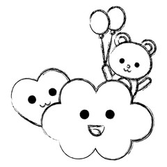 cute bear teddy with cloud and heart kawaii characters vector illustration