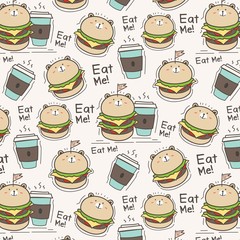 Cute Bear Burger And Coffee Cup Pattern Background. Vector Illustration.