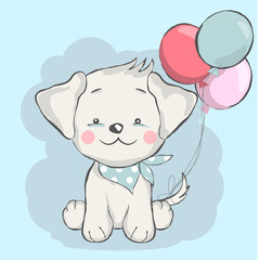 cute baby dog with balloon cartoon  for t-shirt, print, product, flyer ,patch, fabric, textile,tile,card, greeting  fashion,baby, kid, shower, powder,soap, hand drawn style. vector illustration