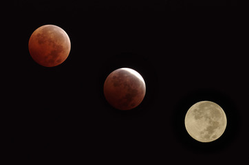 Three stages during the lunar eclipse that took place on October 8, 2014 as seen from Pasadena, California.