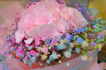 Flower bouquet with colorful Gypsophila and pink Hydrangea macrophylla flower