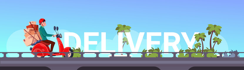 Delivery service, man courier riding scooter or motorcycle with parcel over inter city landscape flat vector illustration © mast3r