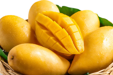 fresh Yellow mango Beautiful Skin In the basket isolate