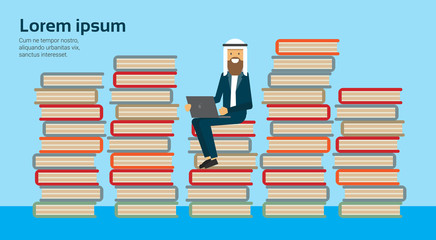 arabic businessman sit with laptop on books stack on blue background, muslim man study copy space, flat vector illustration
