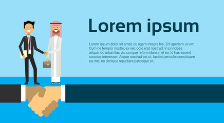 businessman in business suit shaking hands arabic man traditional clothes, full length business agreement and partnership concept vector illustration