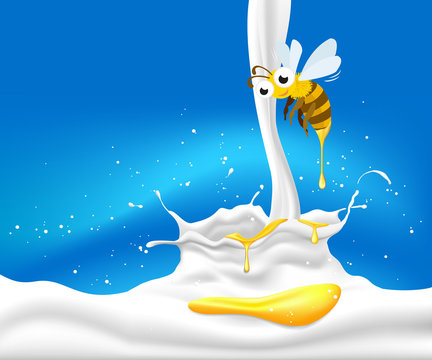 Honey drop with bee on splash milk, illustration design.