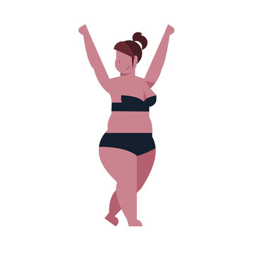 bikini thick woman hands up black swimsuit on white background body shape concept flat style vector illustration