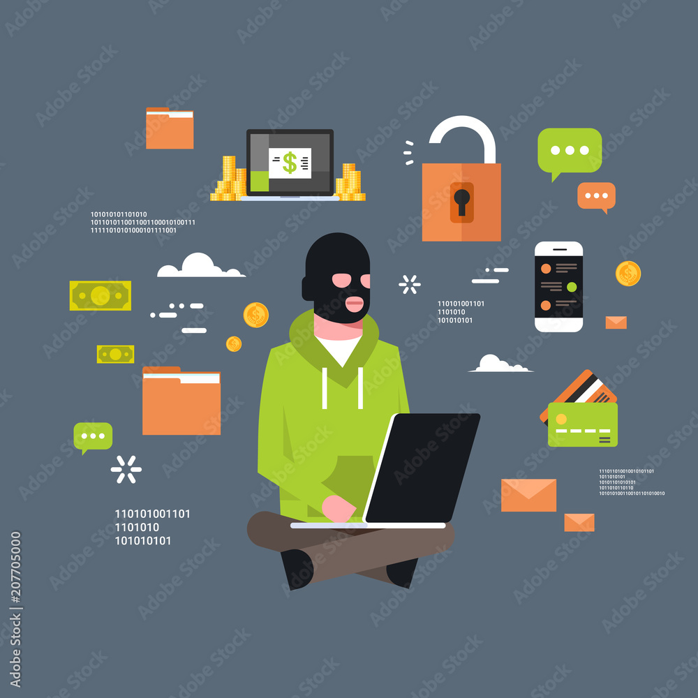 Poster man black mask sitting at computer hacker activity concept viruses data privacy attack internet info