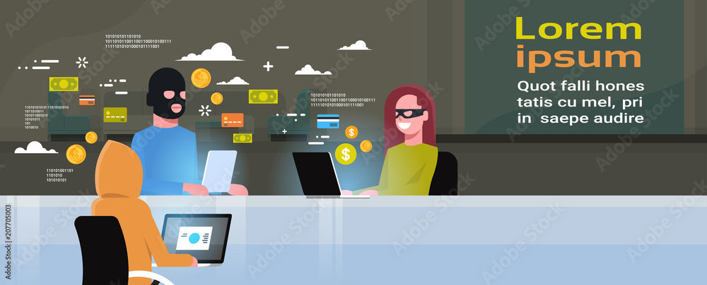 Poster hackers group wearing black masks sitting at gadgets viruses data privacy attack credit card securit