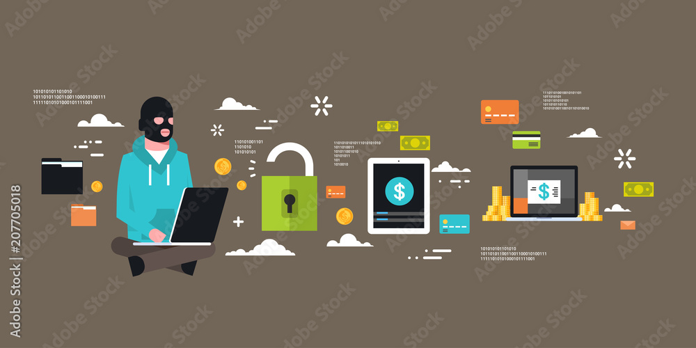 Poster man black mask sitting at computer hacker activity concept viruses data privacy attack internet info
