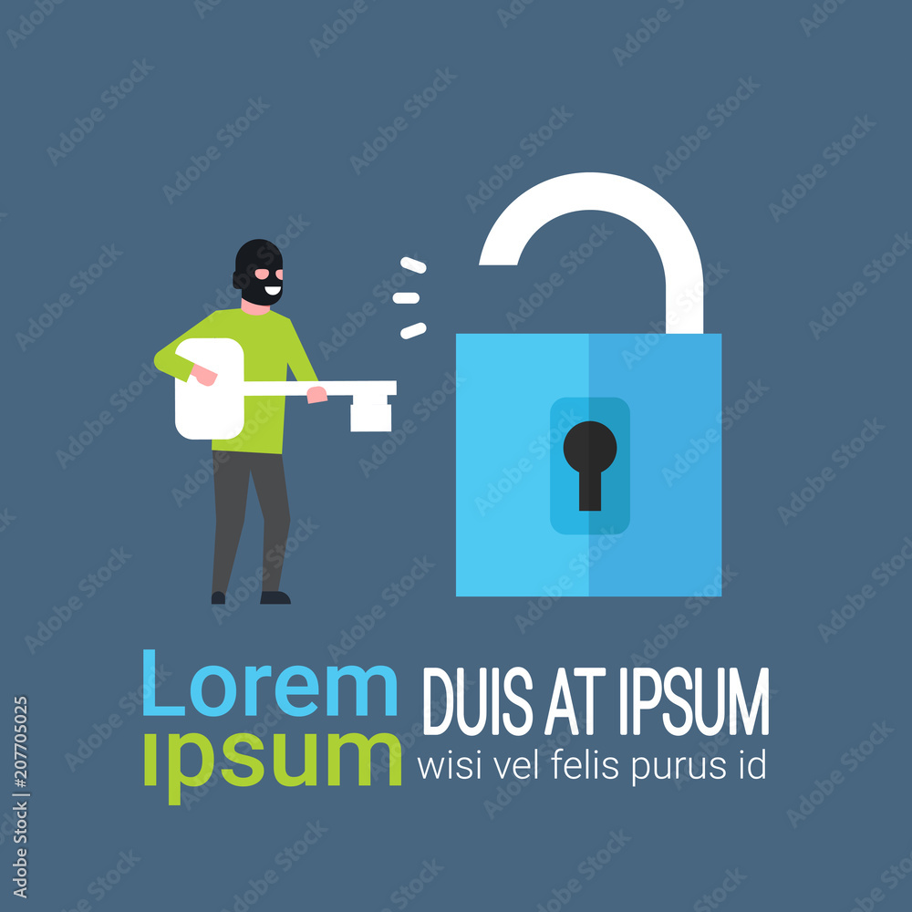 Poster hacker crack padlock hold key in hands hacking private database cyber security concept flat vector i