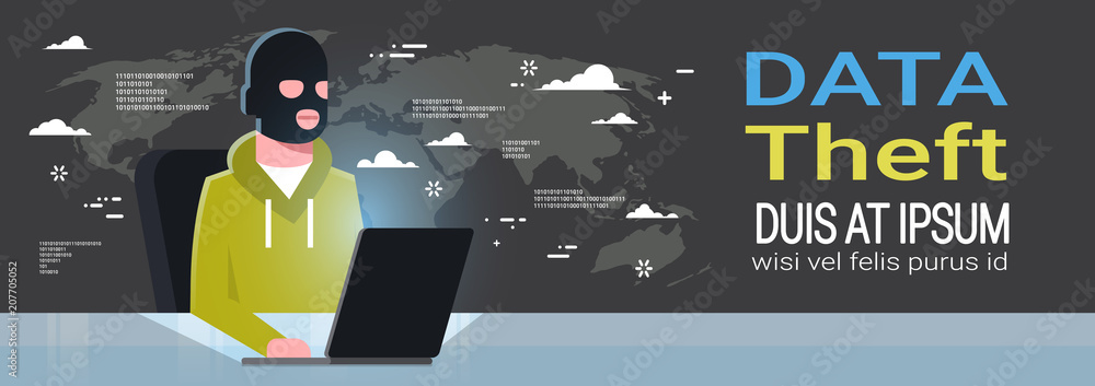 Poster man black mask sitting at computer hacker activity concept viruses data privacy attack internet info