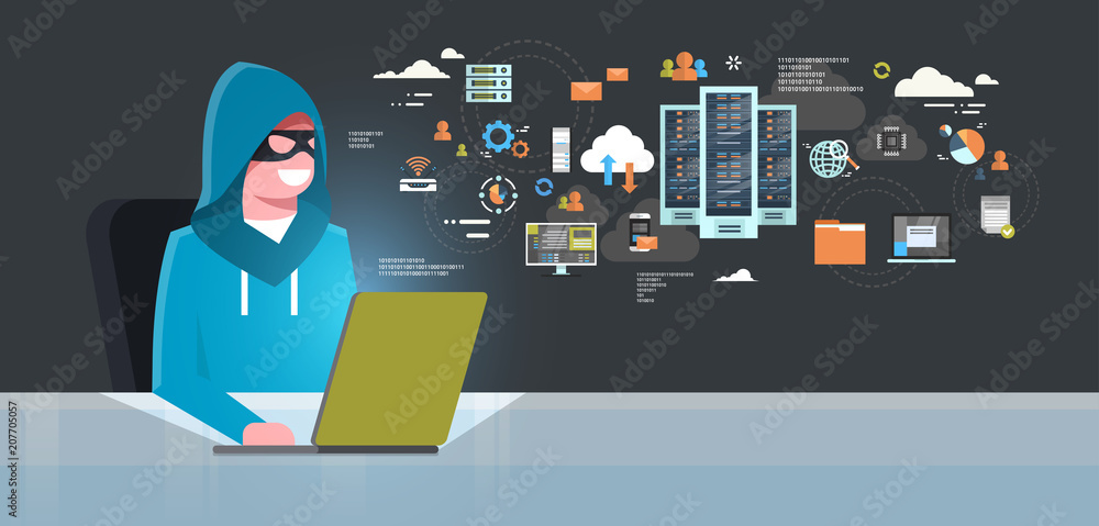 Poster man black mask sitting at computer hacker activity concept viruses data privacy attack internet info