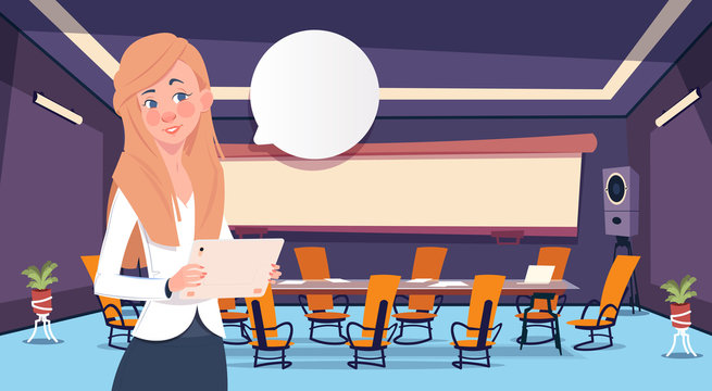 Businesswoman holding tablet bubble concept business woman professional in meeting room or office flat vector illustration