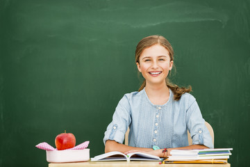 Beatiful smiling pupil in classroom at the elementary school, back to school.