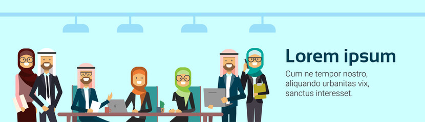 arab business people group meeting together sit at office desk , muslim businesspeople team training brainstorming banner with copy space flat Vector Illustration