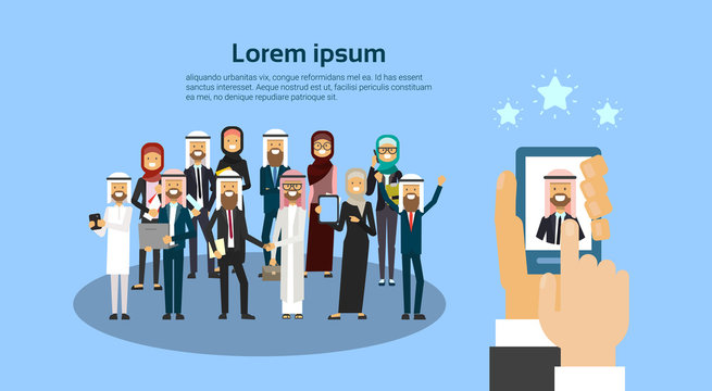 gadget hand holding choosing candidate from arab business people group HR concept banner with copy space flat vector illustration