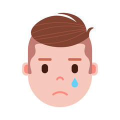 boy head emoji personage icon with facial emotions, avatar character, man crying face with different male emotions concept. flat design. vector illustration