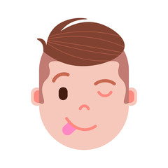 boy head emoji personage icon with facial emotions, avatar character, man show tongue face with different male emotions concept. flat design. vector illustration
