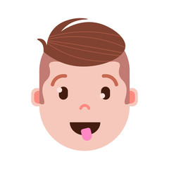 boy head emoji personage icon with facial emotions, avatar character, man show tongue face with different male emotions concept. flat design. vector illustration